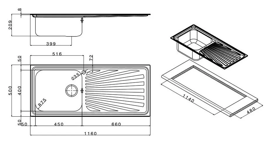 Lavello APELL 1 Vasca con gocciolatoio a DX colore Inox cod: TO1161IRBC - immagine 2