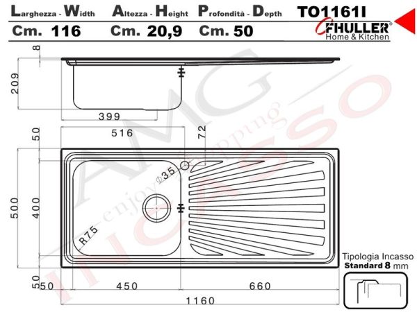 Lavello APELL 1 Vasca con gocciolatoio a DX colore Inox cod: TO1161IRBC - immagine 3