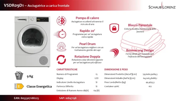 Asciugatrice SCHAUB LORENZ 9 Kg Classe A++ Pompa di calore VSDR09D1 - immagine 2