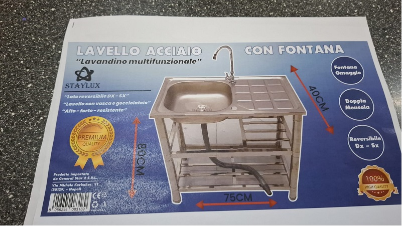 Lavello STAYLUX con 1 Vasca con gocciolatoio reversibile Dx/Sx colore Inox