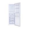 Interno del frigorifero Mivar MVCB-318T59EW bianco con porte aperte: ripiani e cassetti congelatore