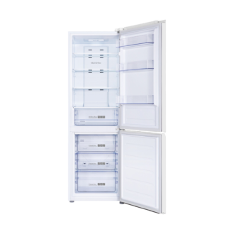 Interno del frigorifero Mivar MVCB-318T59EW bianco con porte aperte: ripiani e cassetti congelatore