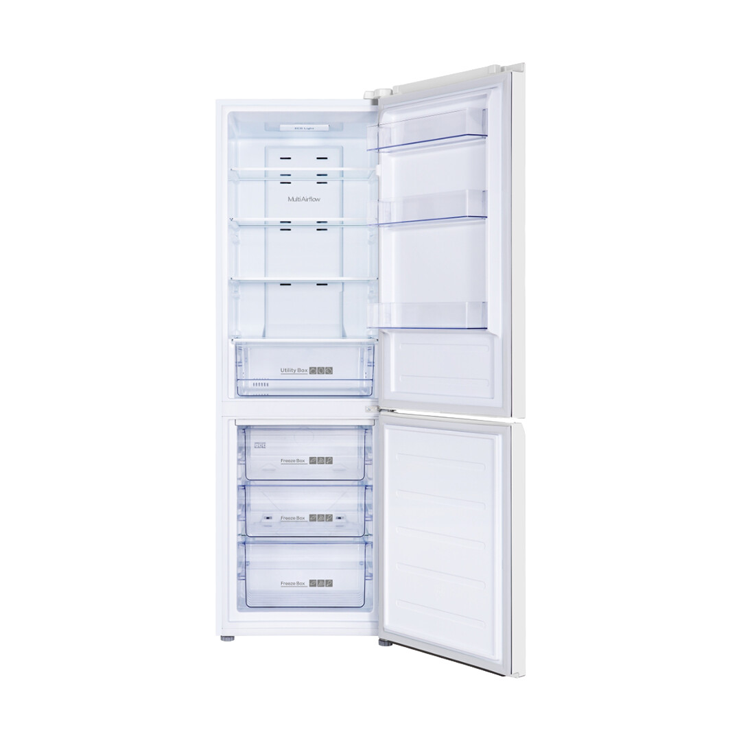 Interno del frigorifero Mivar MVCB-318T59EW bianco con porte aperte: ripiani e cassetti congelatore